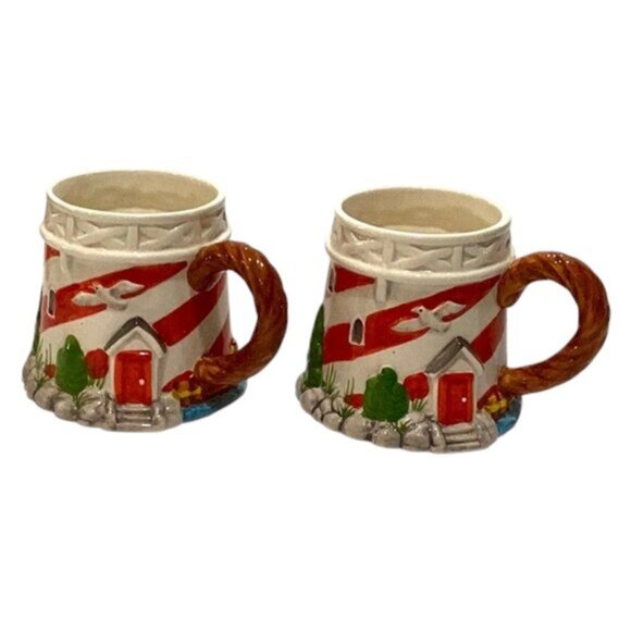 Vintage 2005 Beachcombers Hand Painted Lighthouse Mugs Set of 2 - Picture 1 of 7